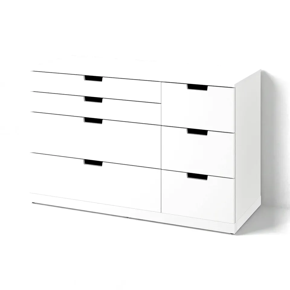 Modern white chest of drawers; sleek, six-drawer design; smooth surfaces, minimalist style.