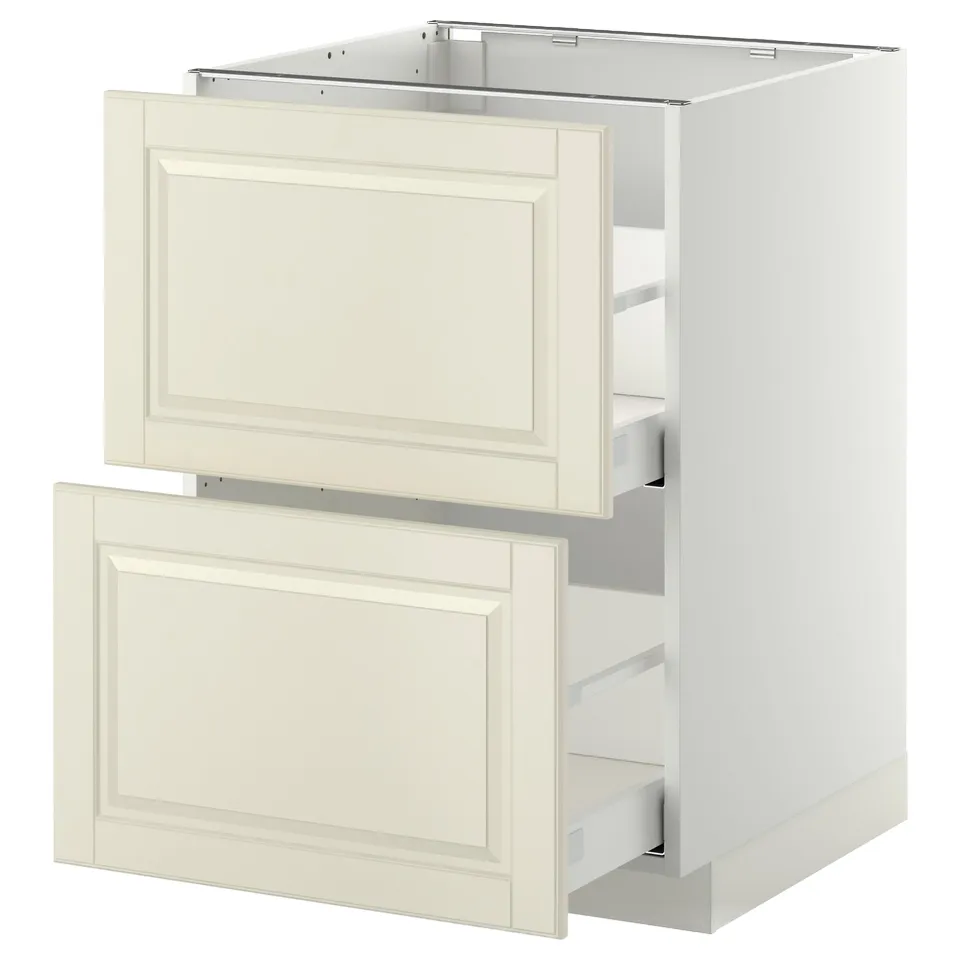 Off-white cream-colored cabinet with two drawers, traditional design, full extension drawers.