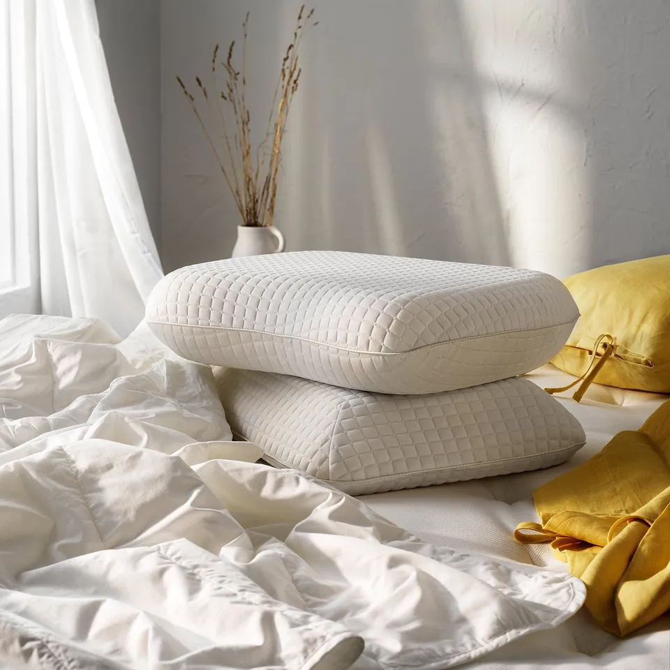 Two white pillows on a neatly made bed with white and yellow bedding. A vase with dried flowers sits on a white bedside table beside the bed.