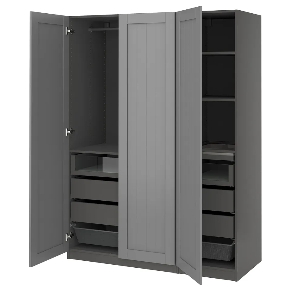 A gray ikea PAX wardrobe with open doors, featuring shelves, drawers, and compartments.