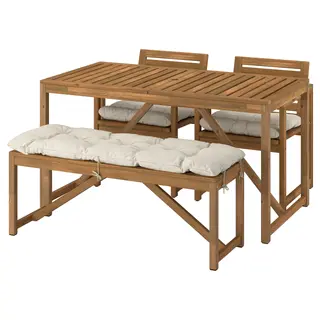 NÄMMARÖ table+2 chairs+ bench, outdoor, light brown stained/Kuddarna light grey-beige, 140x75 cm