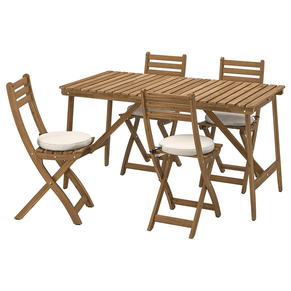 Wooden outdoor dining set, includes table and four foldable chairs with cushions. Light brown colour, simple and functional design.