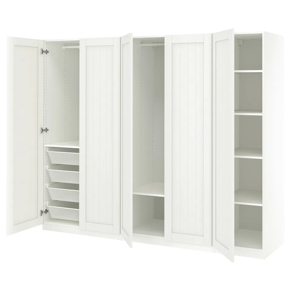White PAX wardrobe with mesh baskets and shelves; modern, organised design.