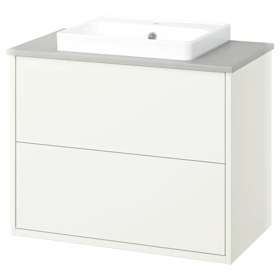 HAVBÄCK white bathroom cabinet with grey countertop, rectangular sink, modern minimalist design.