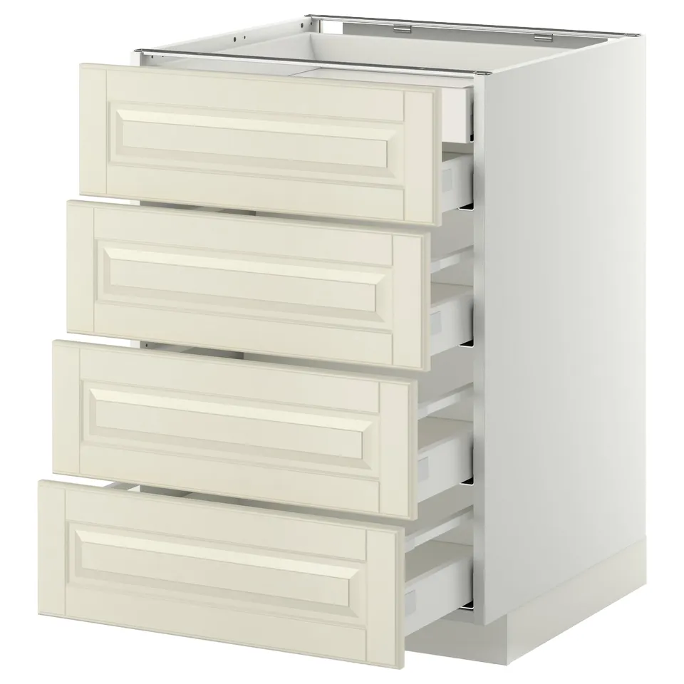 METOD kitchen cabinet with four bevelled bodby drawers, partially open.