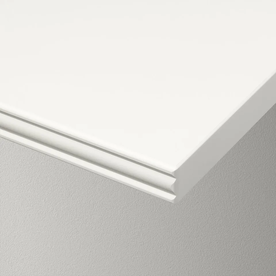 Closeup of sleek, modern white wall shelf, smooth finish, clean lines.