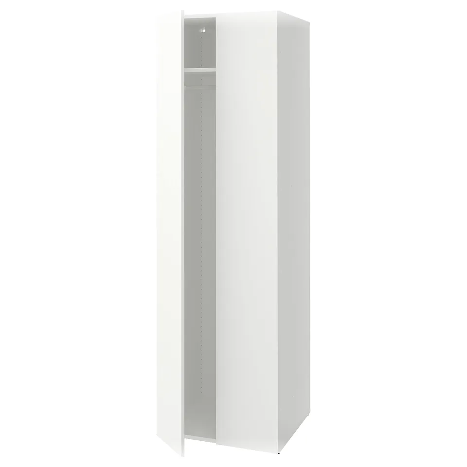 A white LASTARE wardrobe with a minimalist design. It a tall, rectangular shape with one open door, revealing an adjustable shelf inside.