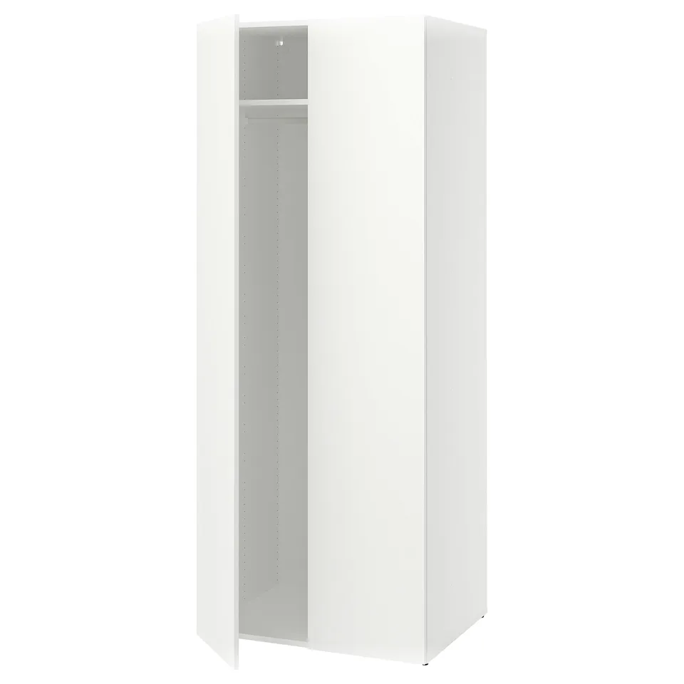 White LASTARE wardrobe, sleek design, adjustable feet for levelling.