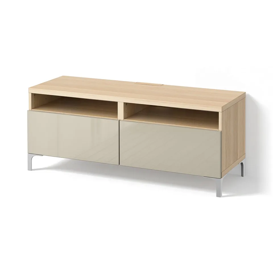 BESTÅ TV bench with drawers, white stained oak effect/Selsviken high-gloss/beige, 120x42x48 cm
