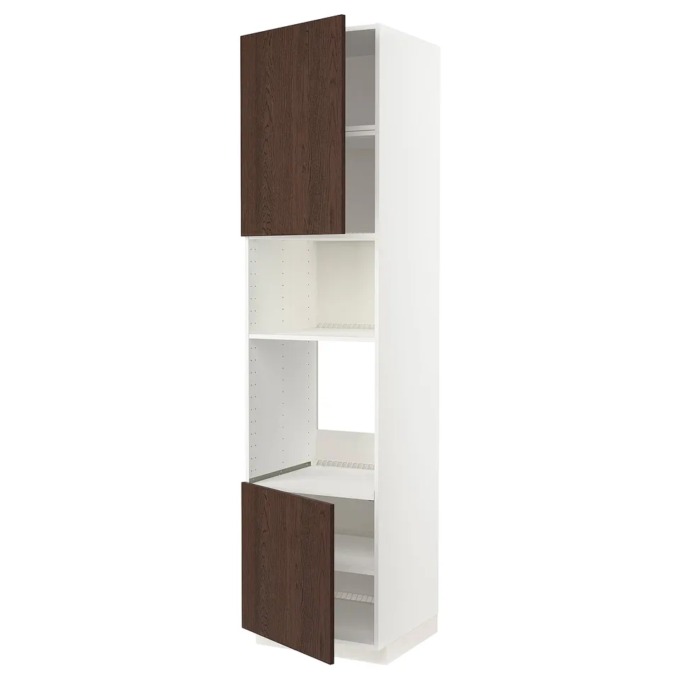 White kitchen cabinet with dark brown wood doors and open shelf, integrated hinges.