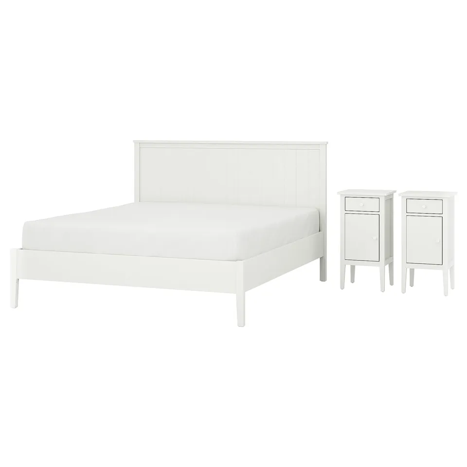 White wood bed set: headboard, footboard, 2 nightstands