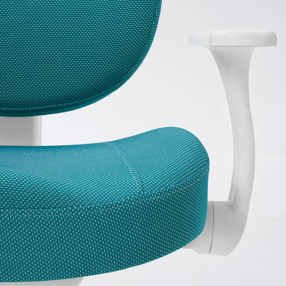 Alt: blue office chair backrest and armrest detail, adjustable and padded for comfort.