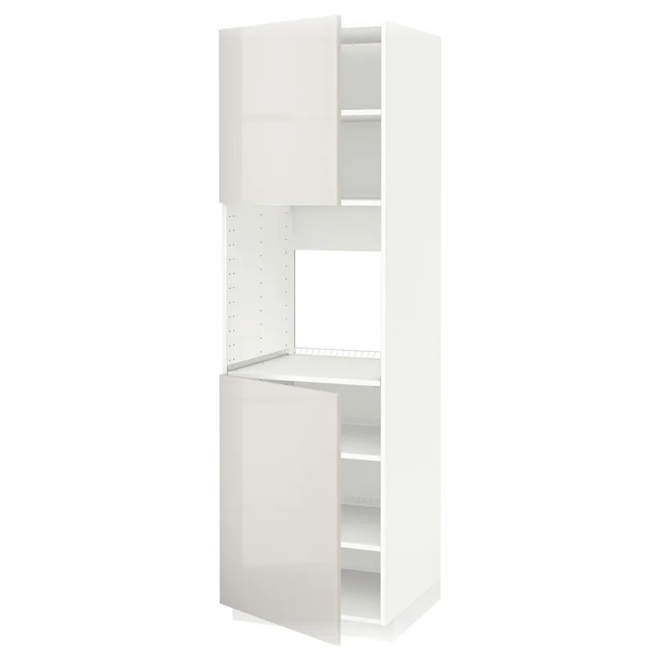 METOD white kitchen unit with shelves & open sections, glossy finish.