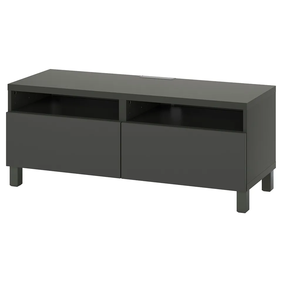 Modern grey BESTÅ tv unit with two drawers and two open compartments for storage and cable management.