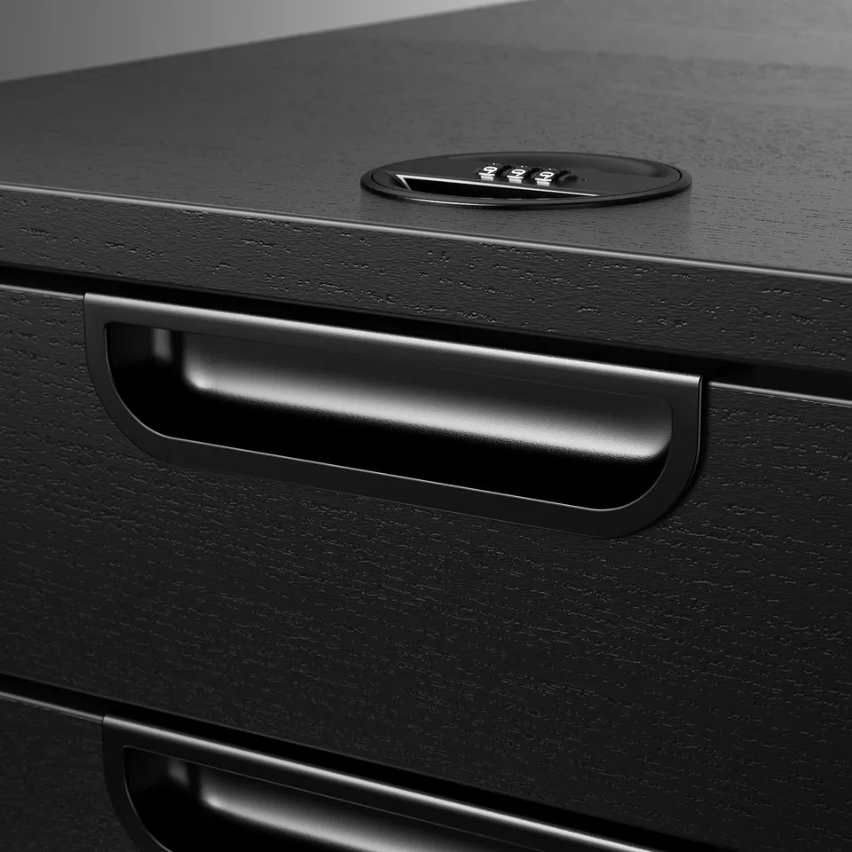 Black file cabinet with sleek handle and combination lock, showcasing quality design and security.