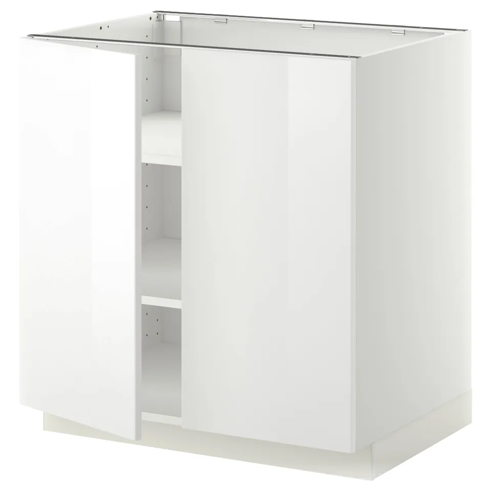 White METOD kitchen cabinet, glossy finish, square shape, two shelves, modern design.