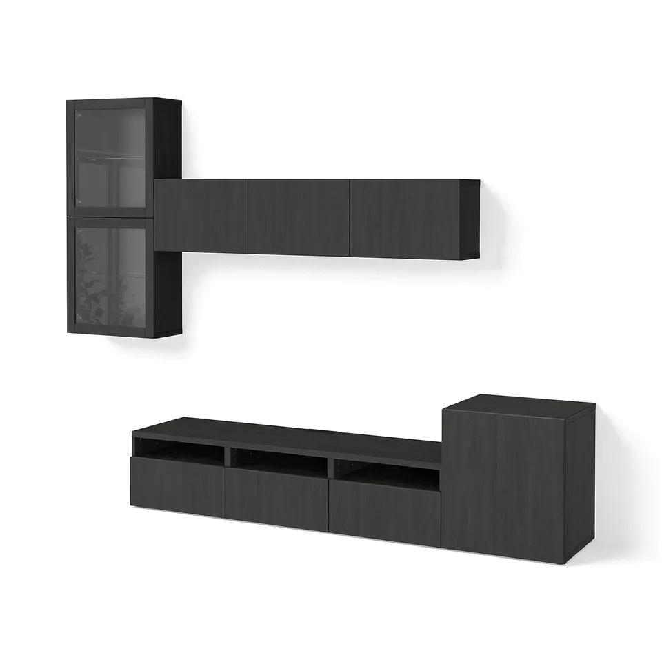BESTÅ TV storage combination/glass doors, black-brown/Lappviken black-brown clear glass, 300x42x211 cm