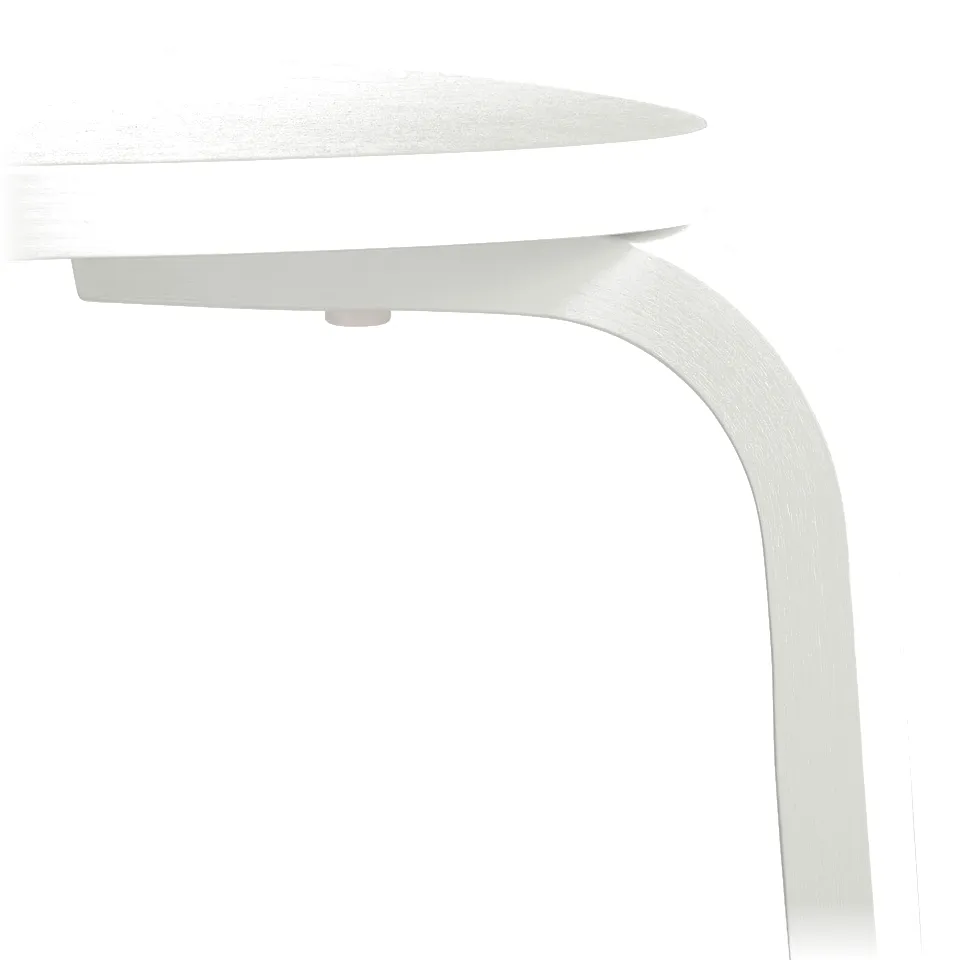 White 3-legged stool, neatly stacked, showcasing sturdy design & smooth finish.