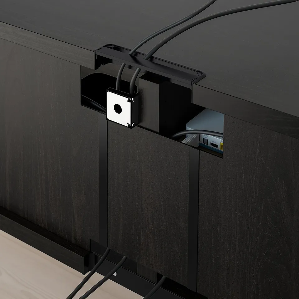 Black tv bench with cable management, soft-closing drawer, and adjustable runners.