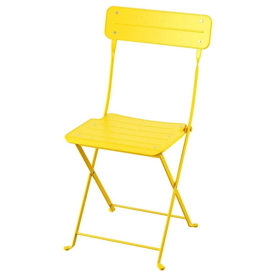 Bright yellow foldable chair, perfect for balconies. Durable powder-coated steel, pre-assembled, modern design.