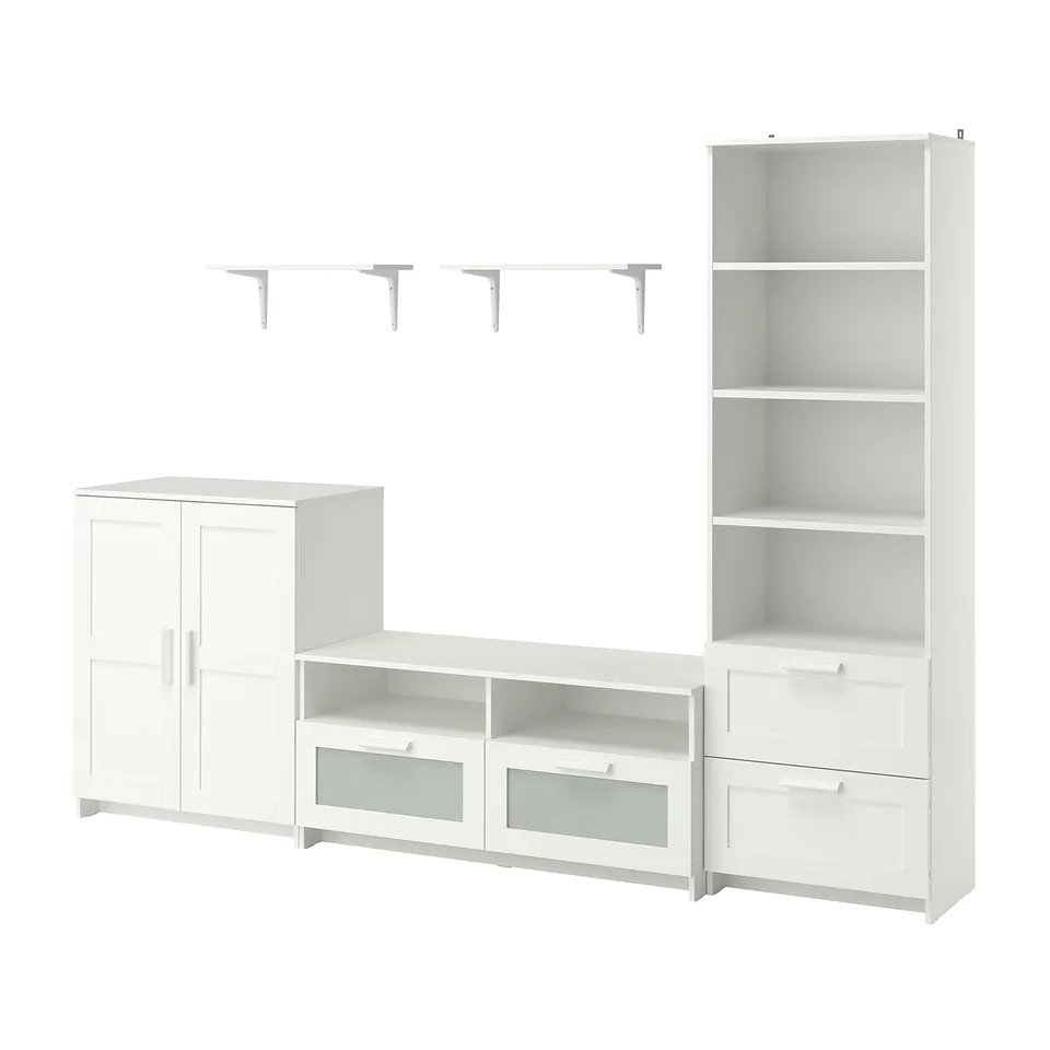 BRIMNES white storage set: tv bench, wall shelves, bookcase with drawers.