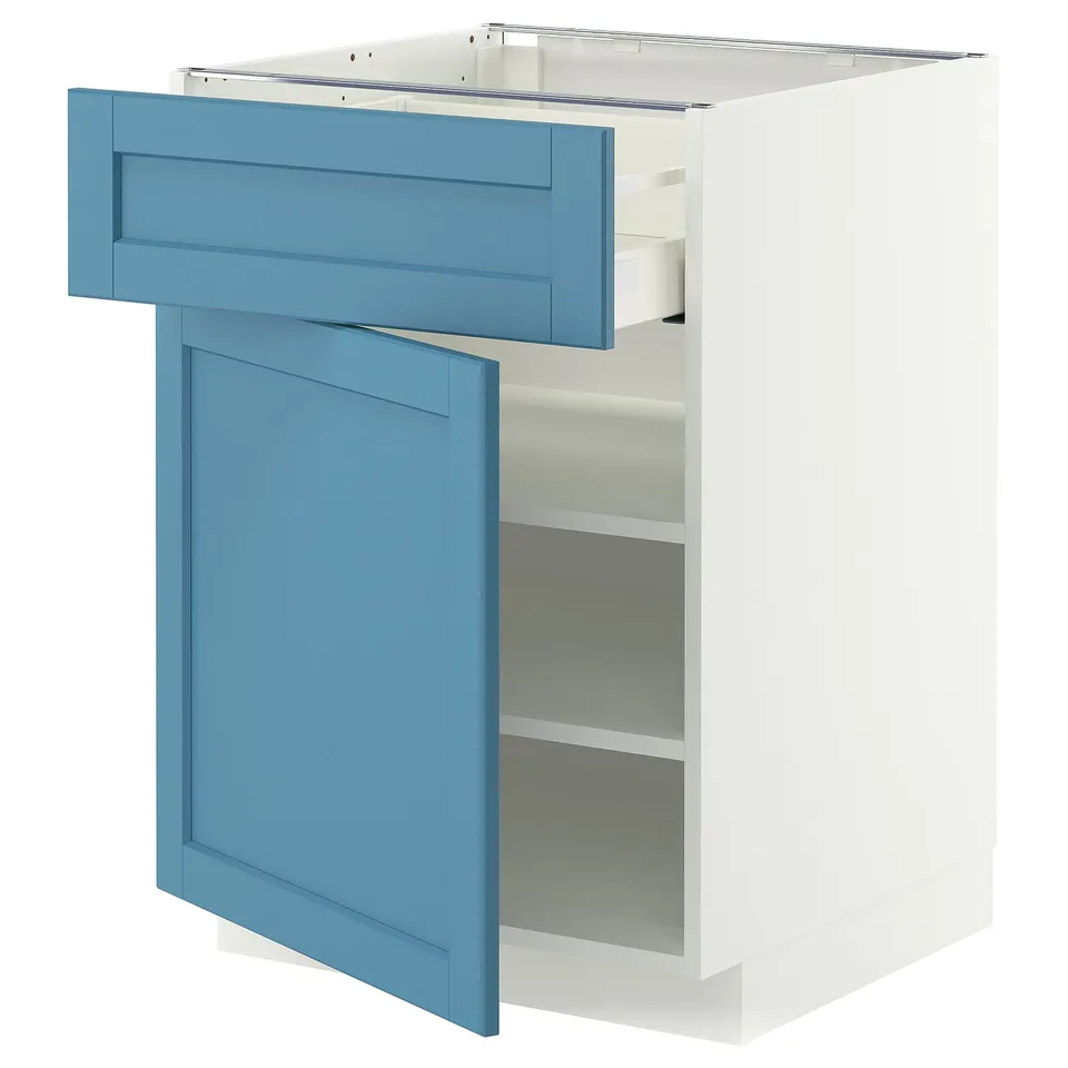 Displays a METOD kitchen cabinet with a blue door and drawer, featuring a white frame and adjustable shelves.