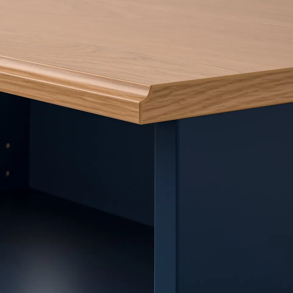 Close-up of SKRUVBY wooden top, smooth finish, atop dark blue cabinet, showing quality detail.