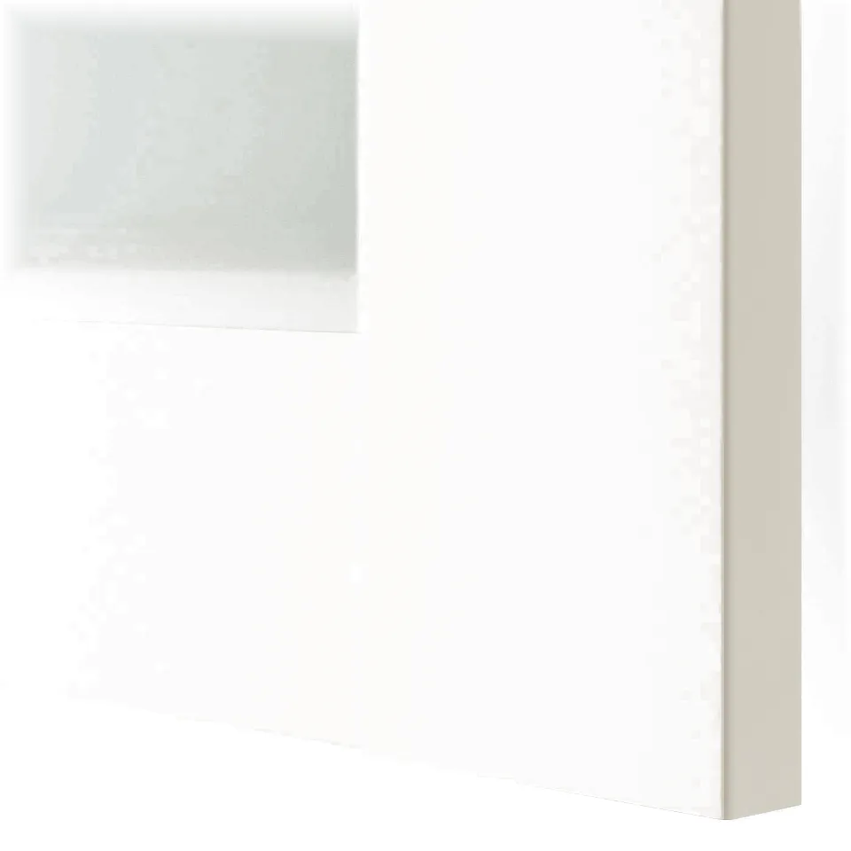 Close-up of white BERGSBO door with frosted glass panel, sleek design, high-quality finish.