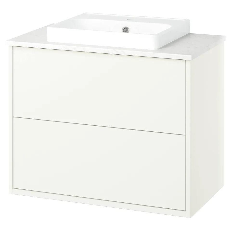 A HAVBÄCK white bathroom vanity with a marble countertop and a square ceramic basin.