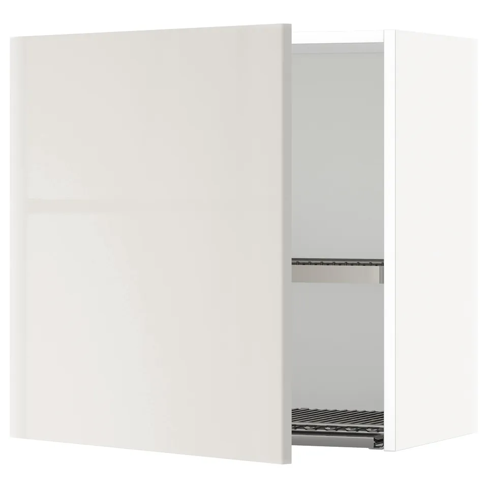 A white ikea METOD kitchen cabinet with a high gloss finish and a dish rack. Square shape, minimalist design.