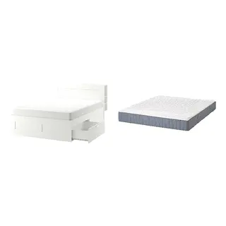 BRIMNES/VALEVÅG Bed with 24cm thick mattress, pocket sprung, foam,5 comfort zones, extra firm, white/Lönset + extra firm/light blue, 160x200 cm