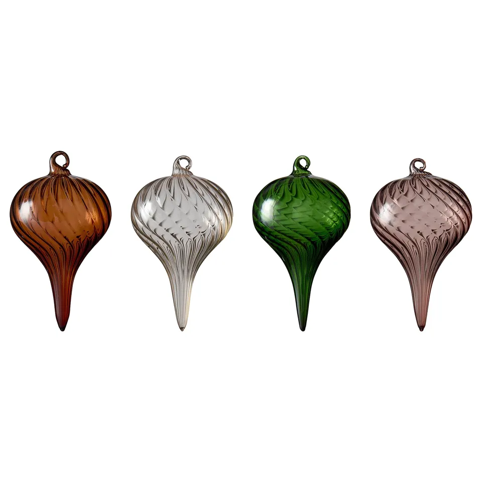 Four colourful glass ornaments, shaped as teardrops, in shades of brown, clear, green, and pink, with spiral designs, hanging on white background.