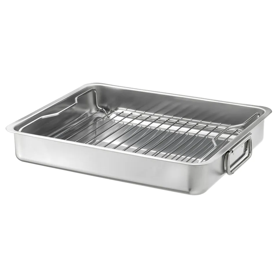 KONCIS stainless roasting tin with grill rack, rectangular shape with sturdy handles, ideal for oven or bbq.