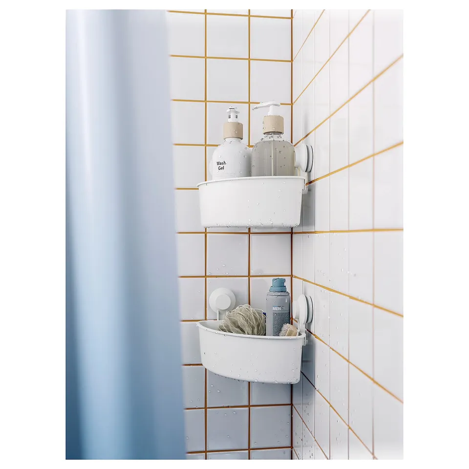 TISKEN Corner shelf unit with suction cup, white