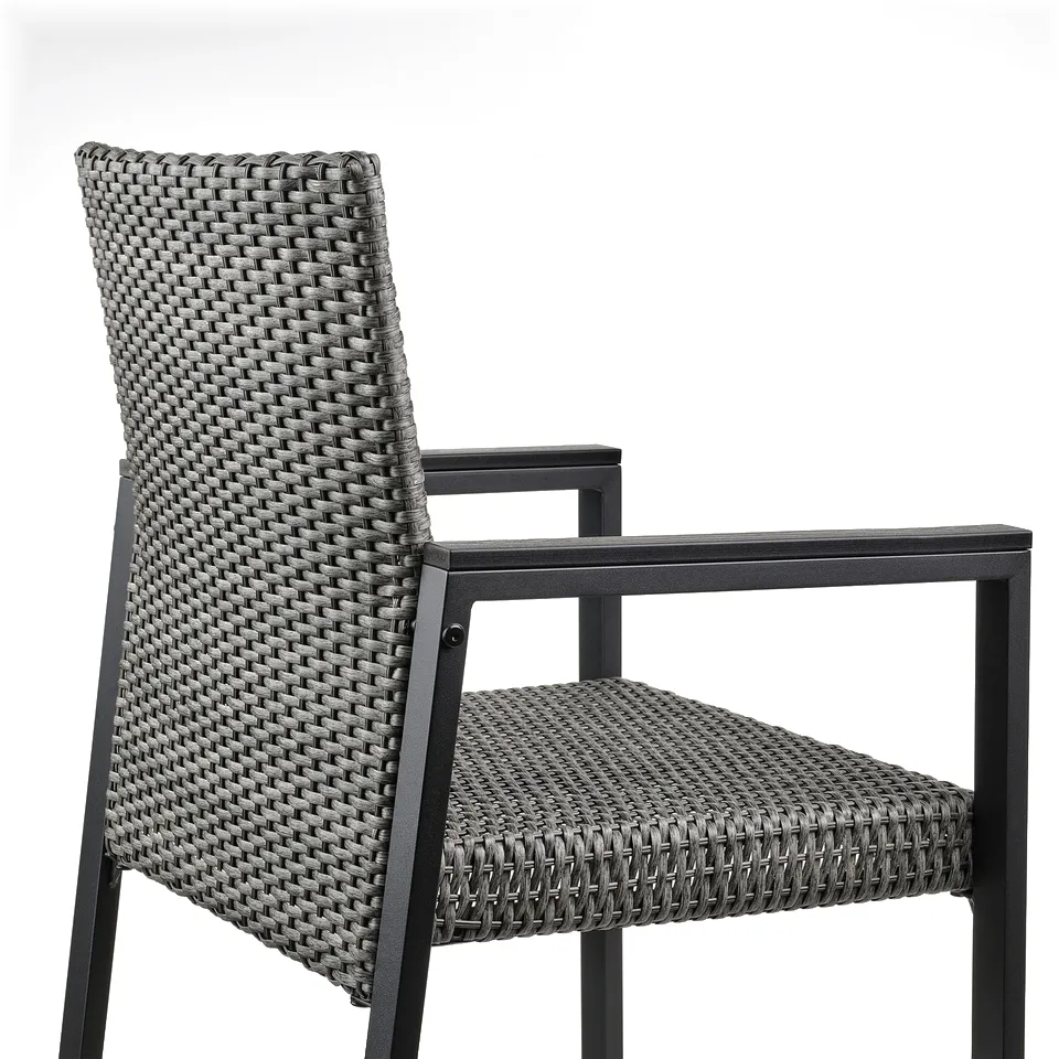 Modern outdoor chair with woven seat & back, sleek black frame, armrests.