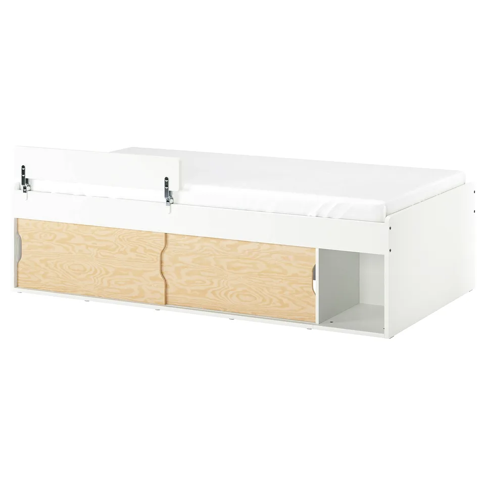 KLIPPUGGLA Bed frame with storage, white/incl guard rail, 90x200 cm