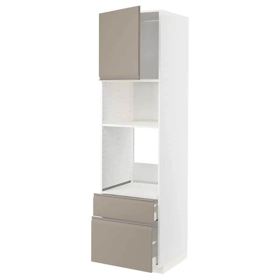 A white METOD kitchen unit with beige drawers and doors, featuring a modern, sleek design.