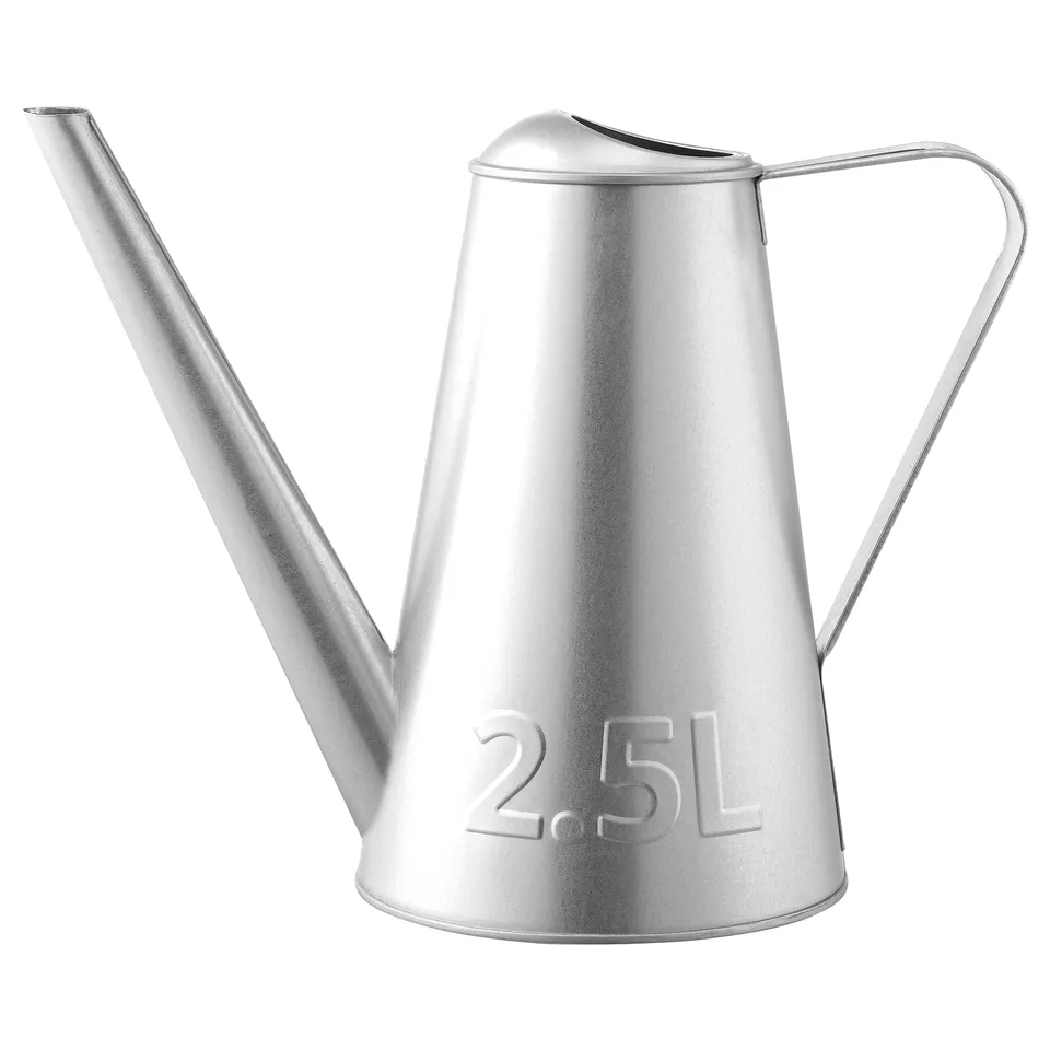 Silver watering can with long spout and handle, holds 2. 5l, made of galvanised steel.