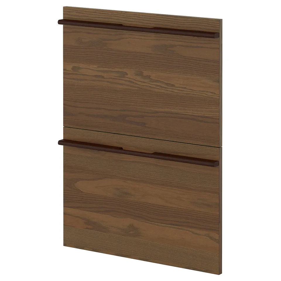 A sleek, dark brown wooden cabinet with two handles and a smooth finish.