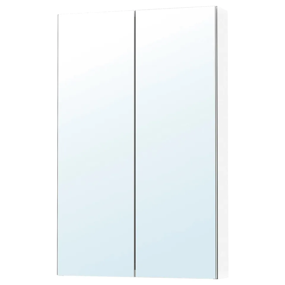 Wall-mounted mirror cabinet in white with mirrored doors, ideal for bathrooms, providing modern look and storage.