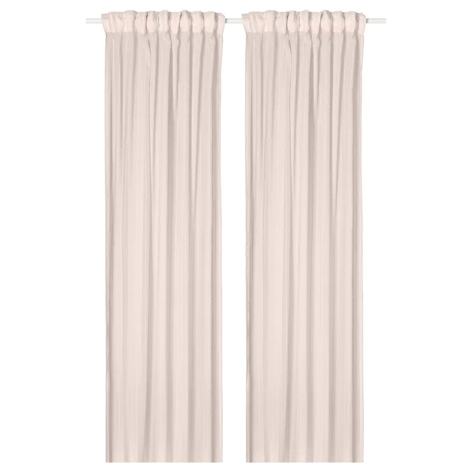 Pair of MATILDA sheer pink curtains with vertical stripes and rod pocket header made from recycled polyester.