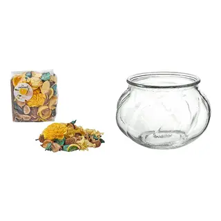 FRÖFINK/VILJESTARK set: scented potpourri + vase, Citrus flower yellow + clear glass, 60 g