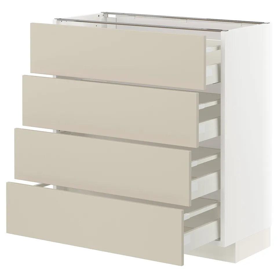 Beige METOD kitchen cabinet with 4 drawers and clean, modern design.