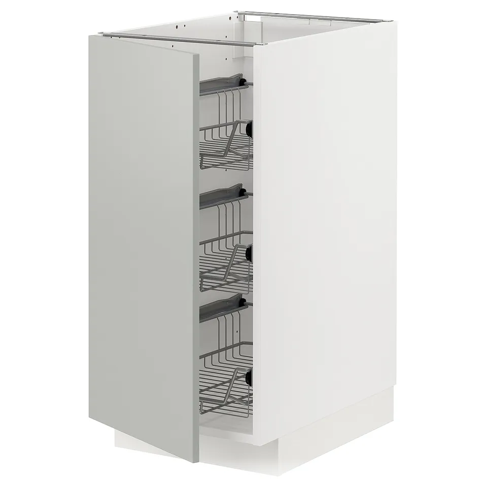 White METOD kitchen cabinet with grey shelves, rectangular and modern design.