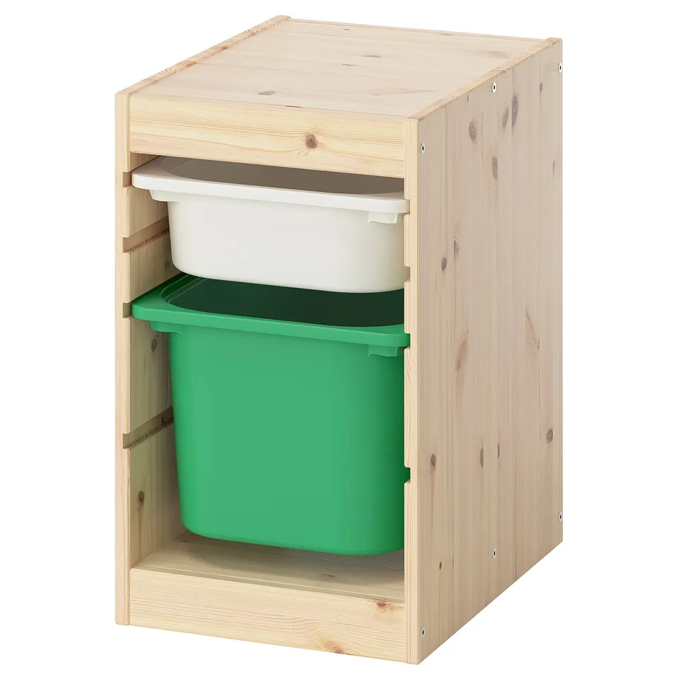 TROFAST light wood storage unit with green and white bins.
