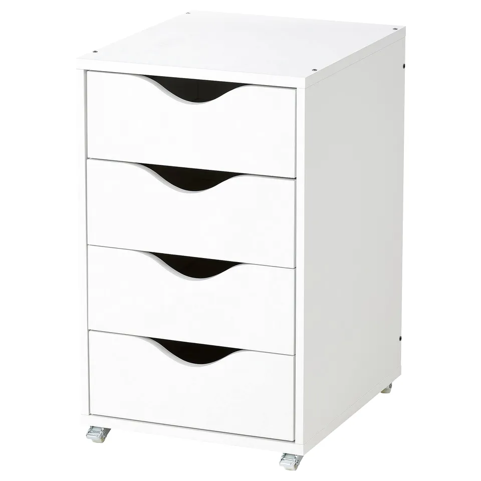 A white, four-drawer rolling storage cabinet. Its compact, modern, and suitable for any room.