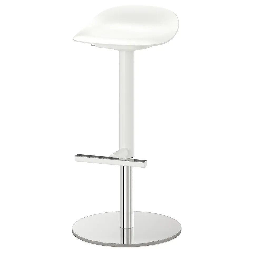 A white JANINGE bar stool. Its sleek design a curved seat, metallic footrest, and adjustable height.