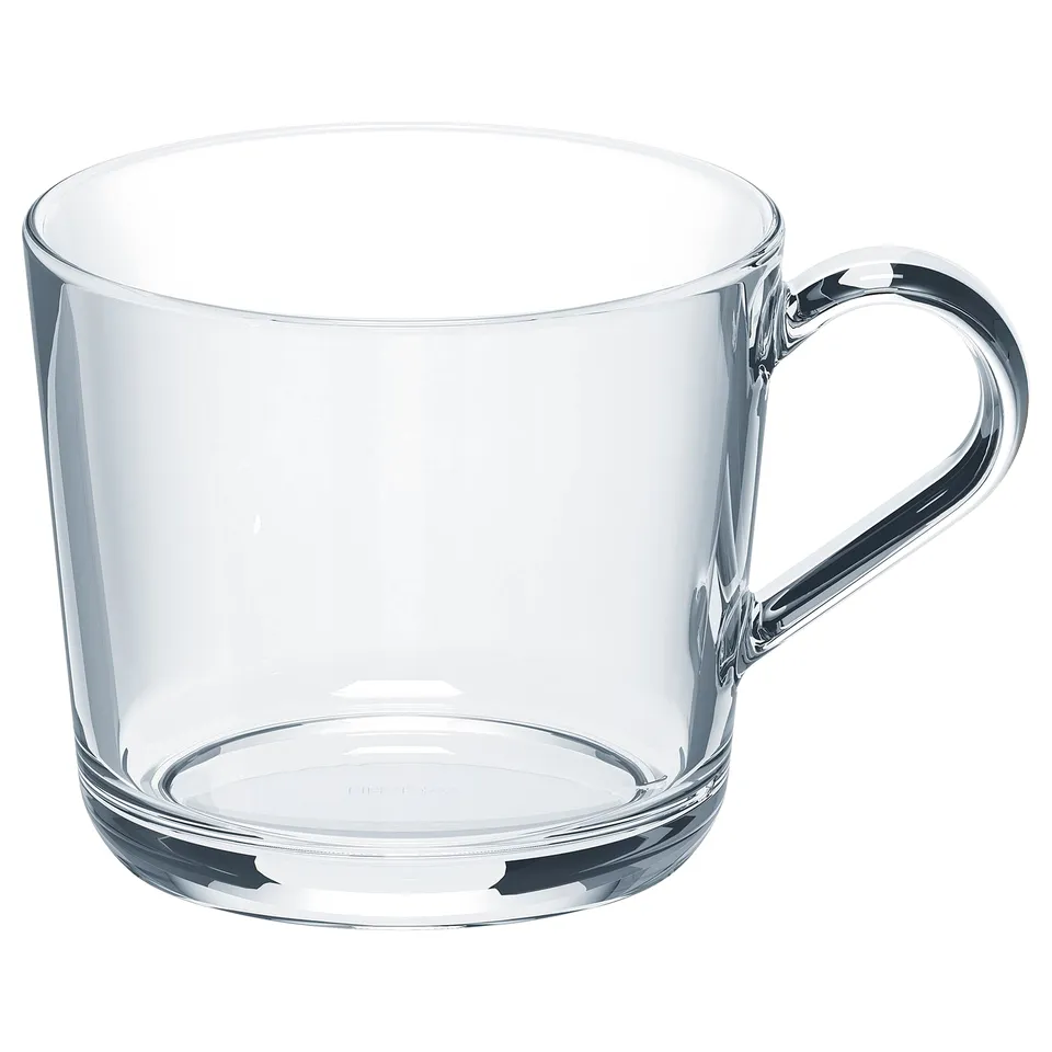 Transparent IKEA 365+ glass mug with sturdy handle. Tempered glass, hot/cold safe.