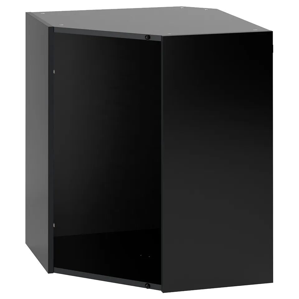 Black METOD kitchen cabinet, sleek and modern, adjustable shelves, sturdy frame, and dark acrylic paint finish.