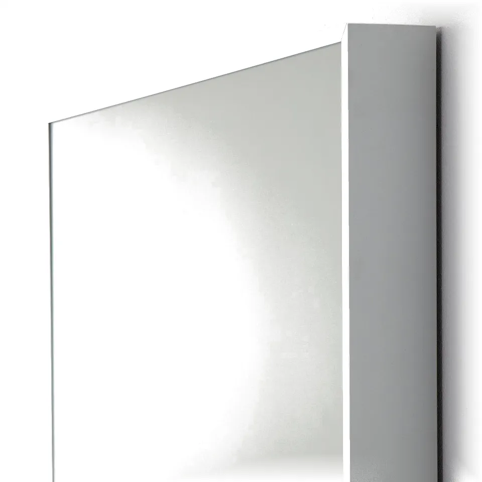 Large, sleek mirror with narrow frame, leaning against wall. Modern, minimalist design. Safety film on glass.